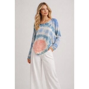 Minnie Rose Womens 100%‎ Cashmere Tie Dye Off Shoulder Sweater Blue Pink XS